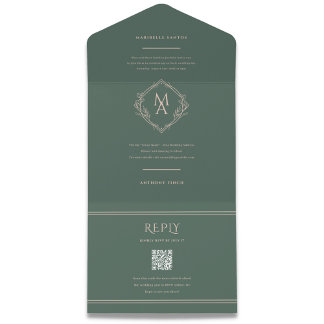 Diamond Monogram Floral Evergreen Wedding All In One Invitation