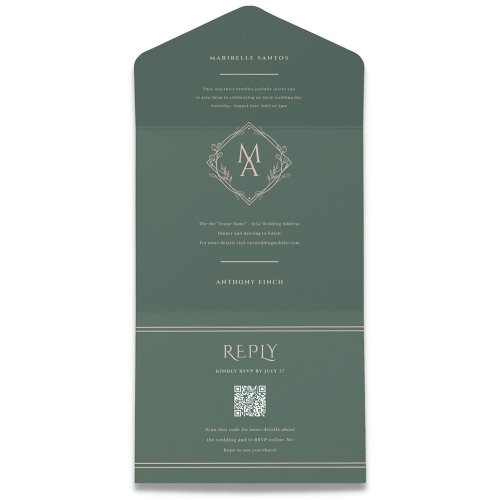 Diamond Monogram Floral Evergreen Wedding All In One Invitation