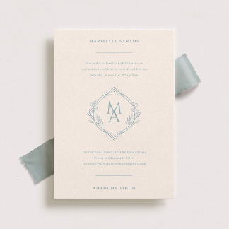 Diamond Monogram With Flowers Dusty Blue Wedding Invitation
