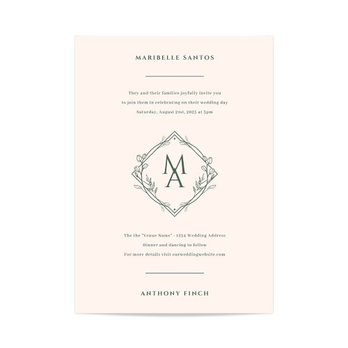 Diamond Monogram With Flowers Evergreen Wedding Invitation