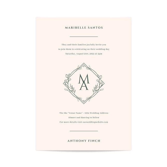 Diamond Monogram With Flowers Evergreen Wedding Invitation (Diamond Monogram Wedding Invitation in Sage Green and Ivory)
