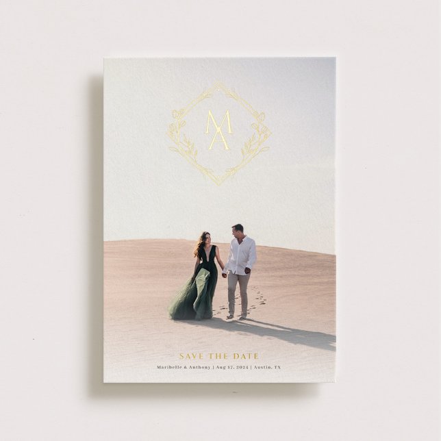 Diamond Monogram With Flowers Gold Save the Date Foil Invitation (Creator Uploaded)