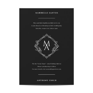 Diamond Monogram With Flowers in Black Wedding Invitation