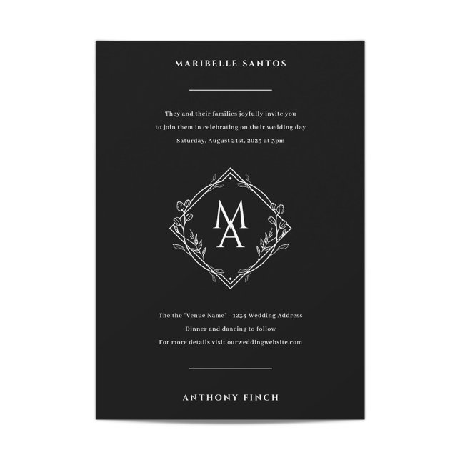 Diamond Monogram With Flowers in Black Wedding Invitation (Creator Uploaded)