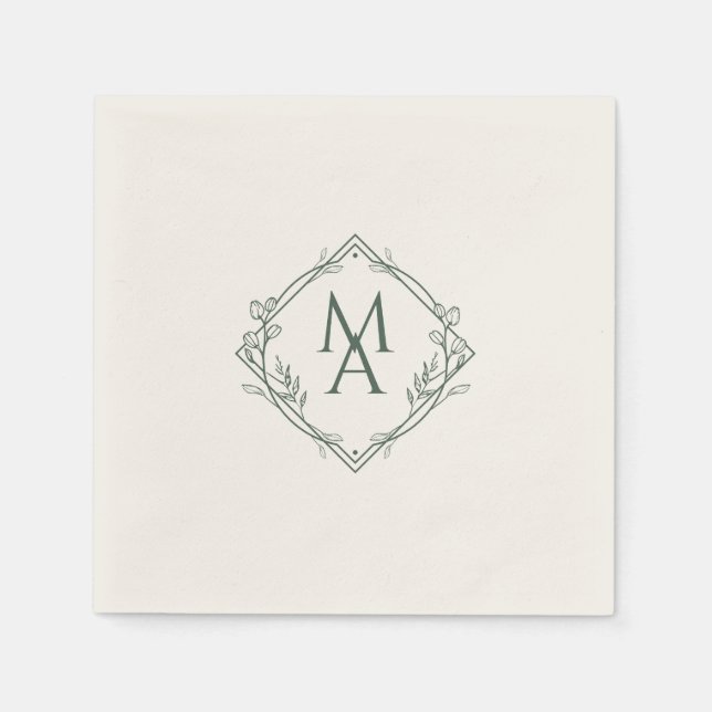 Diamond Monogram With Flowers in Evergreen Napkins (Front)