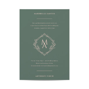 Diamond Monogram With Flowers in Evergreen Wedding Invitation