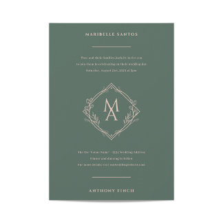 Diamond Monogram With Flowers in Evergreen Wedding Invitation