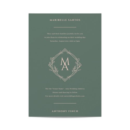 Diamond Monogram With Flowers in Evergreen Wedding Invitation