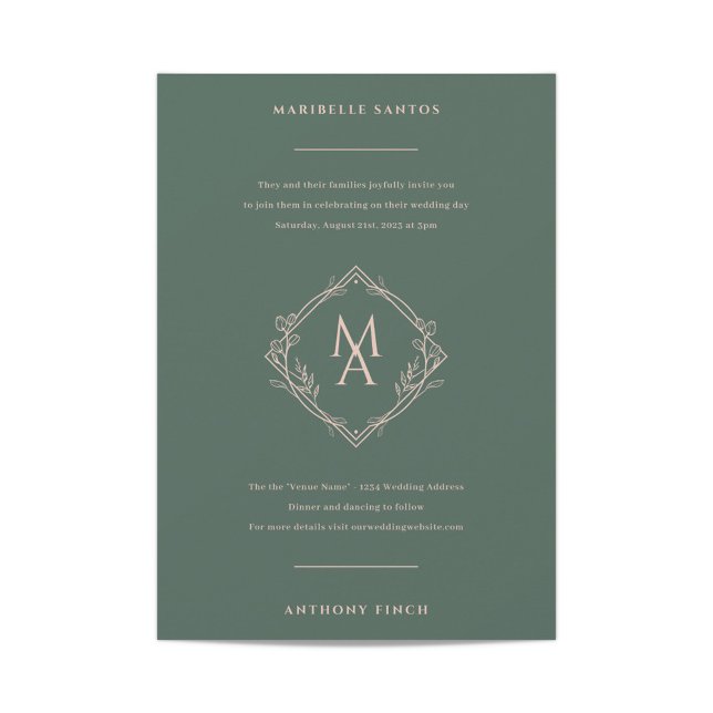 Diamond Monogram With Flowers in Evergreen Wedding Invitation (Creator Uploaded)