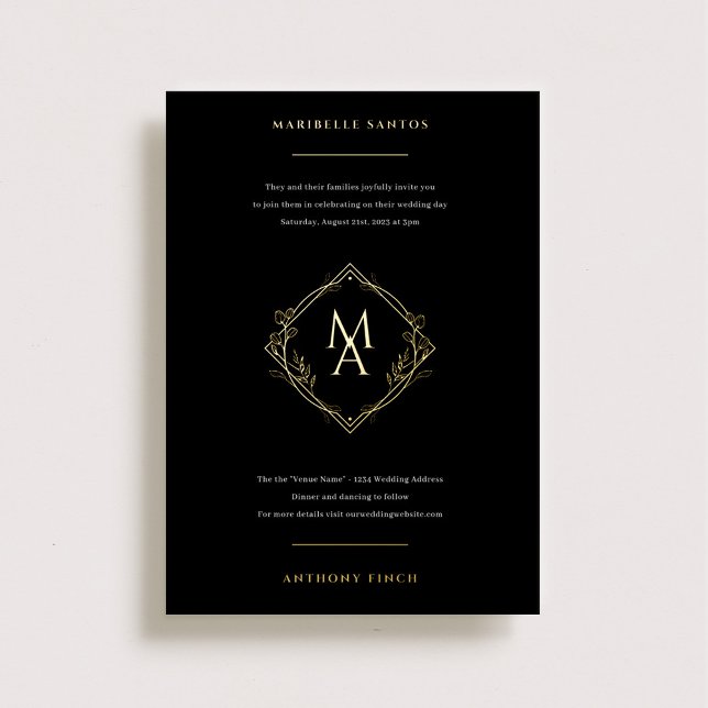 Diamond Monogram With Flowers in Gold Wedding Foil Foil Invitation (Creator Uploaded)