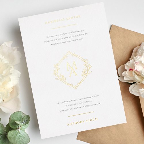 Diamond Monogram With Flowers in Gold Wedding Foil Invitation