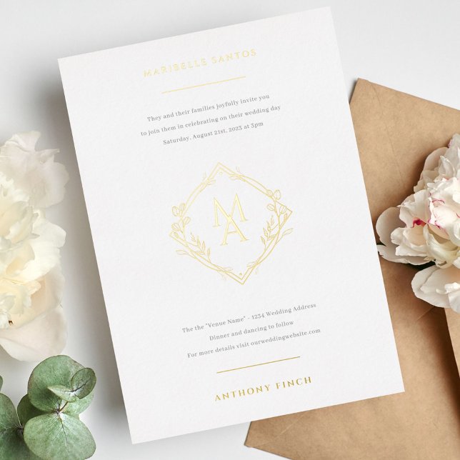 Diamond Monogram With Flowers in Gold Wedding Foil Invitation (Creator Uploaded)