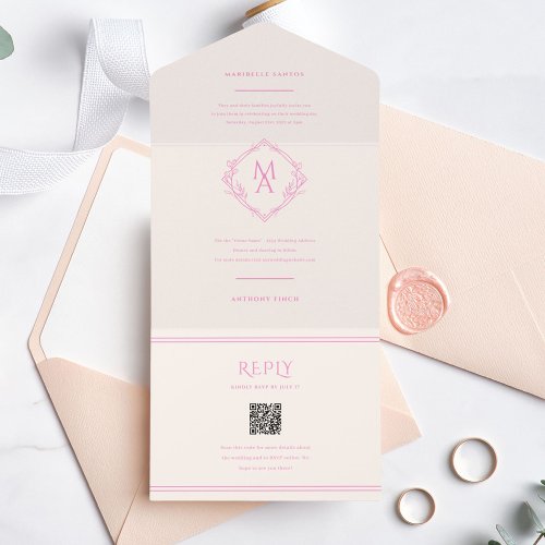 Diamond Monogram With Flowers in Pink Wedding All In One Invitation