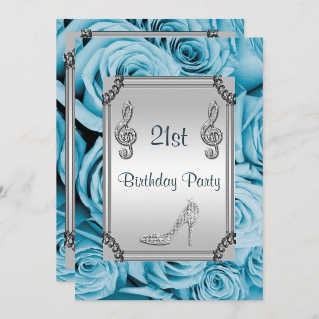 Diamond Music Note, Stiletto & Blue Roses 21st Invitation (Front/Back)