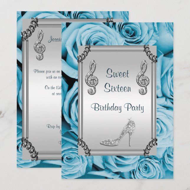 Diamond Music Note, Stiletto & Blue Roses Sweet 16 Invitation (Front/Back)