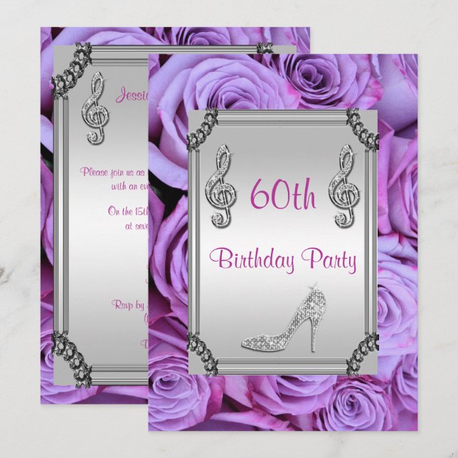 Diamond Music Note, Stiletto & Lilac Roses 60th Invitation (Front/Back)