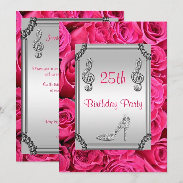 Diamond Music Note, Stiletto & Pink Roses 25th Invitation (Front/Back)