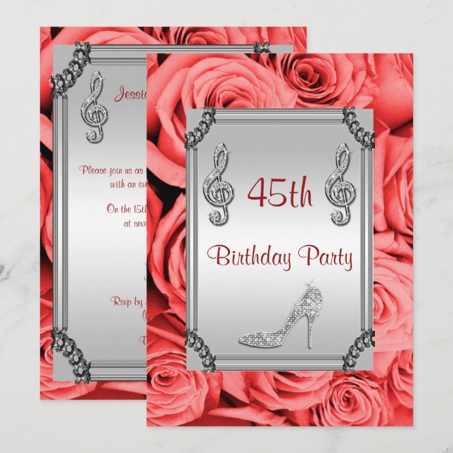 Diamond Music Note, Stiletto & Red Roses 45th Invitation (Front/Back)