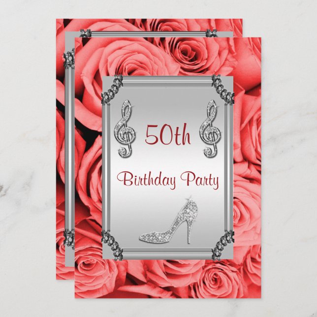 Diamond Music Note, Stiletto & Red Roses 50th Invitation (Front/Back)