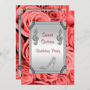 Diamond Music Note, Stiletto & Red Roses Sweet 16 Invitation