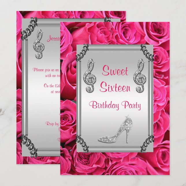 Diamond Music Note, Stiletto & Roses Sweet 16 Invitation (Front/Back)