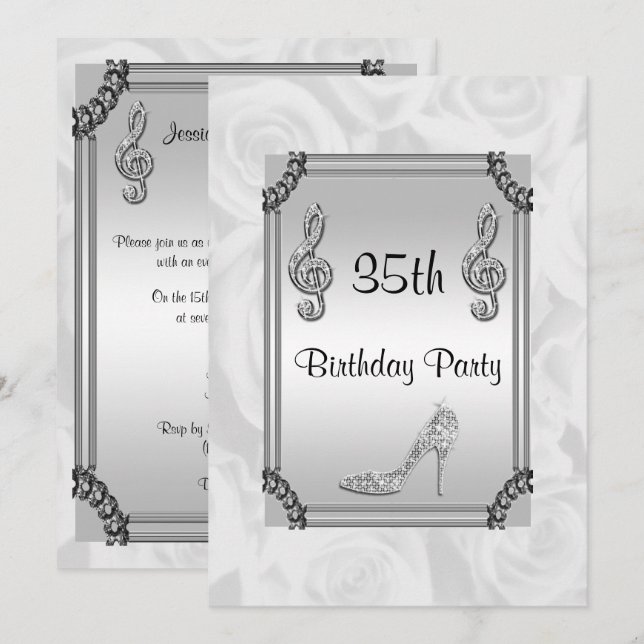 Diamond Music Note, Stiletto & White Roses 35th Invitation (Front/Back)