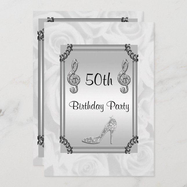 Diamond Music Note, Stiletto & White Roses 50th Invitation (Front/Back)