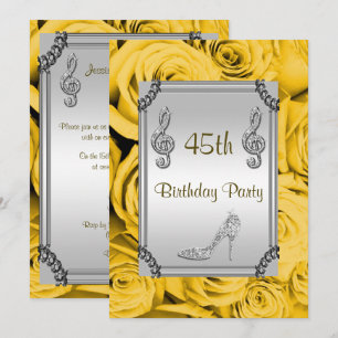 Diamond Music Note, Stiletto & Yellow Roses 45th Invitation