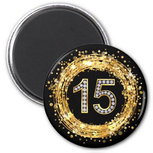 Diamond Number 15 Glitter Bling Confetti  gold Magnet