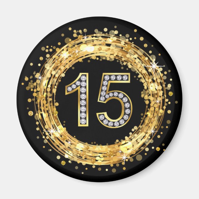 Diamond Number 15 Glitter Bling Confetti | gold Magnet (Front)