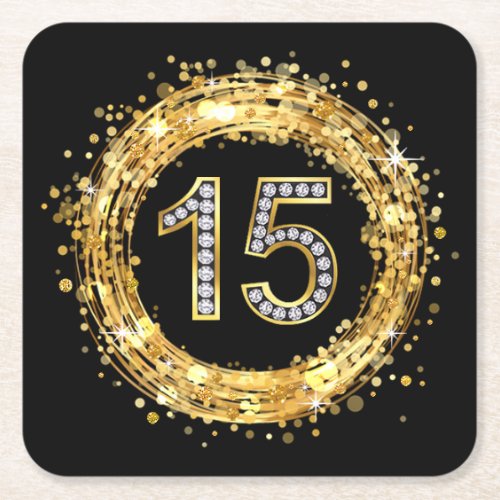 Diamond Number 15 Glitter Bling Confetti  gold Square Paper Coaster