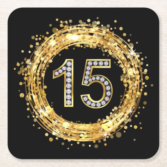 Diamond Number 15 Glitter Bling Confetti | gold Square Paper Coaster ...