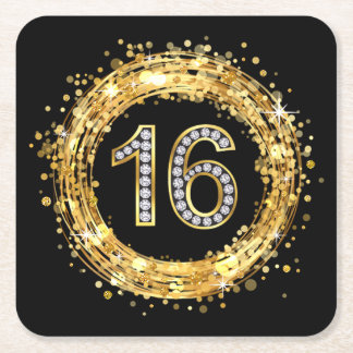 Diamond Number 16 Glitter Bling Confetti | gold Square Paper Coaster
