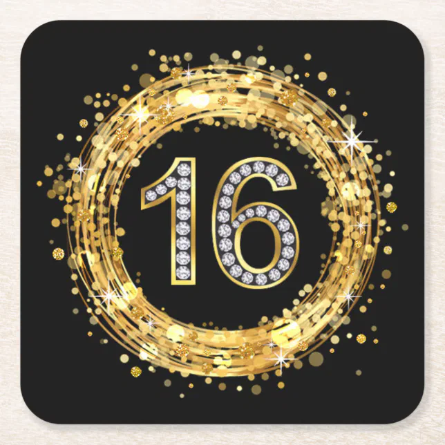 Diamond Number 16 Glitter Bling Confetti | gold Square Paper Coaster ...