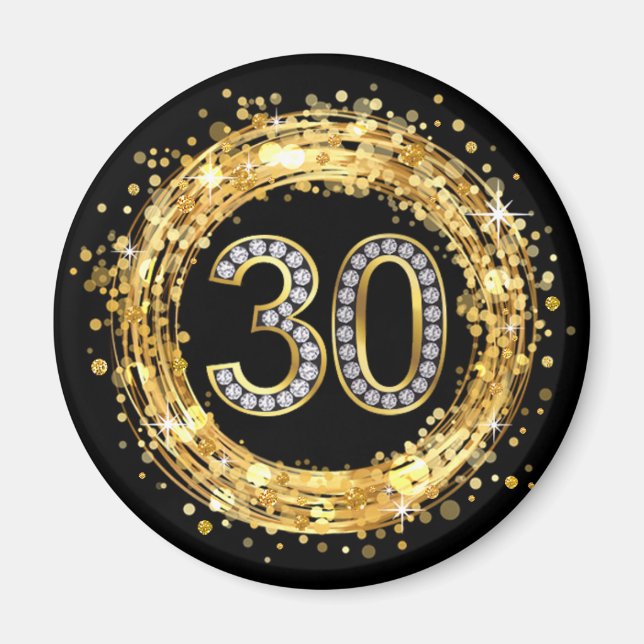 Diamond Number 30 Glitter Bling Confetti | gold Magnet (Front)