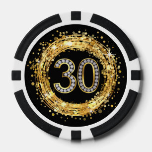 Diamond Number 30 Glitter Bling Confetti gold Poker Chips