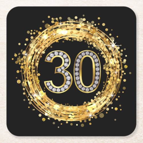 Diamond Number 30 Glitter Bling Confetti  gold Square Paper Coaster