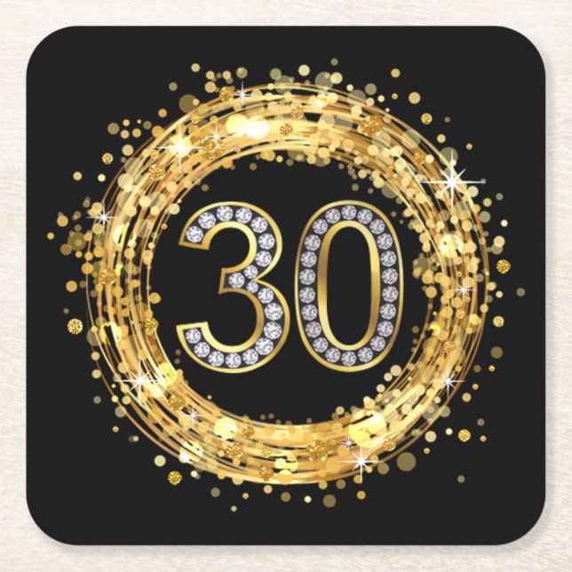 Diamond Number 30 Glitter Bling Confetti | gold Square Paper Coaster (Front)