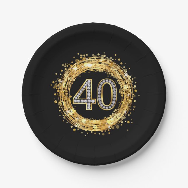 Diamond Number 40 Glitter Bling Confetti | gold Paper Plates (Front)