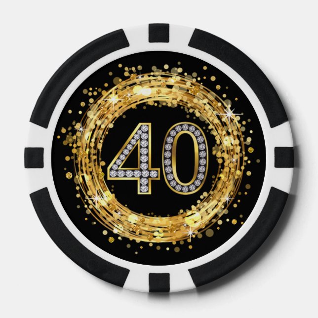 Diamond Number 40 Glitter Bling Confetti | gold Poker Chips (Front)