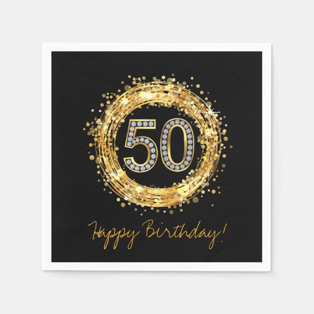Diamond Number 50 Glitter Bling Confetti | gold Napkins (Front)