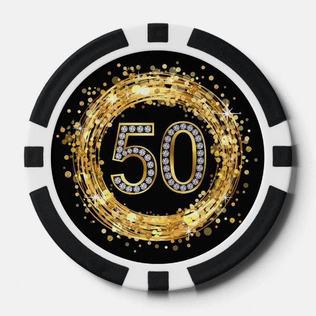 Diamond Number 50 Glitter Bling Confetti | gold Poker Chips (Front)