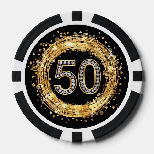 Diamond Number 50 Glitter Bling Confetti | gold Poker Chips (Front)