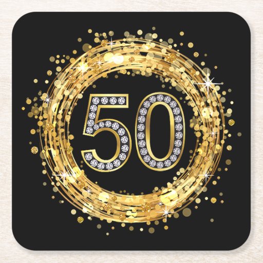 Diamond Number 50 Glitter Bling Confetti | gold Square Paper Coaster ...