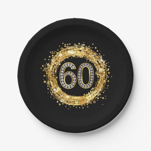 Diamond Number 60 Glitter Bling Confetti  gold Paper Plates