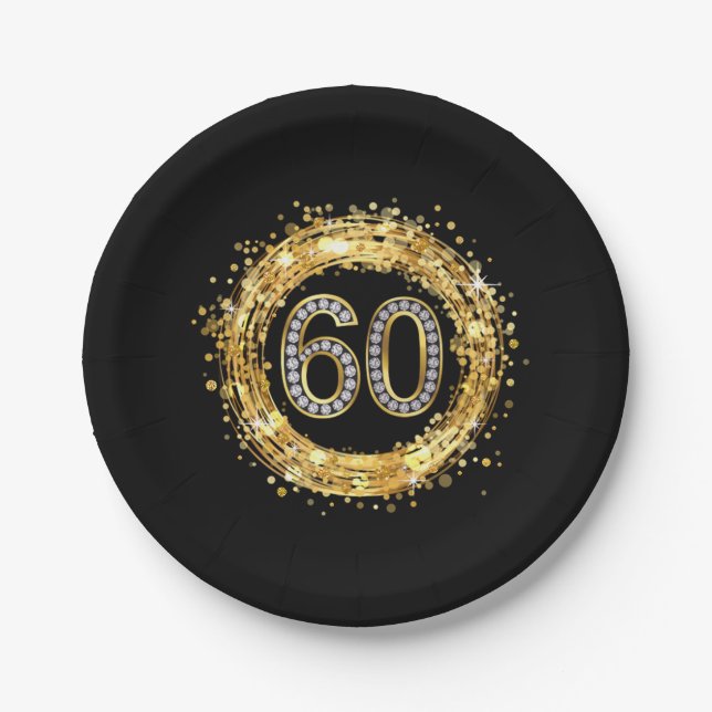 Diamond Number 60 Glitter Bling Confetti | gold Paper Plates (Front)