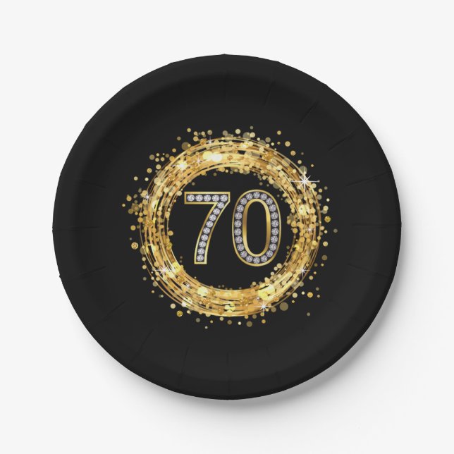 Diamond Number 70 Glitter Bling Confetti | gold Paper Plates (Front)