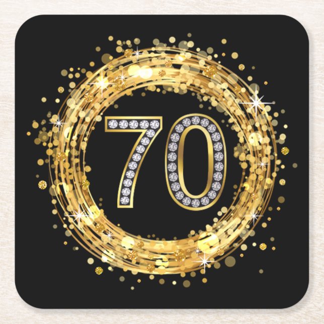 Diamond Number 70 Glitter Bling Confetti | gold Square Paper Coaster (Front)