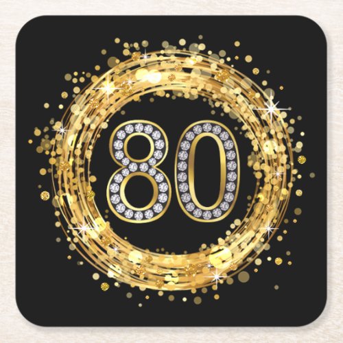 Diamond Number 80 Glitter Bling Confetti  gold Square Paper Coaster