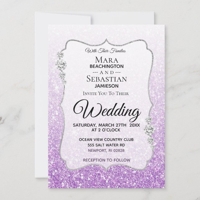 *~* Diamond Ombre Purple Glitter Gradient Wedding Invitation (Front)
